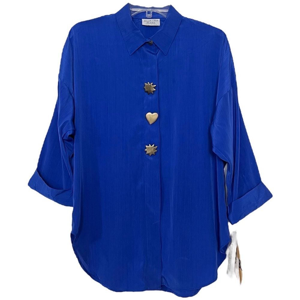NWT Stuart Alan Petites Lagenlook Blouse Collared Button Up Top Blue Vintage 10